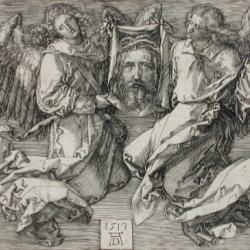 The Sudarium, Displayed by Two Angels, 1513, Albrecht Dürer (German, 1471 - 1528). Unframed: 10.2 × 14.3 cm (4 × 5 5/8 in.). Framed: 39.7 × 52.4 × 3.2 cm (15 5/8 × 20 5/8 × 1 1/4 in.). L.2018.147. Los Angeles County Museum of Art, Los Angeles County Fund. image: www.lacma.org